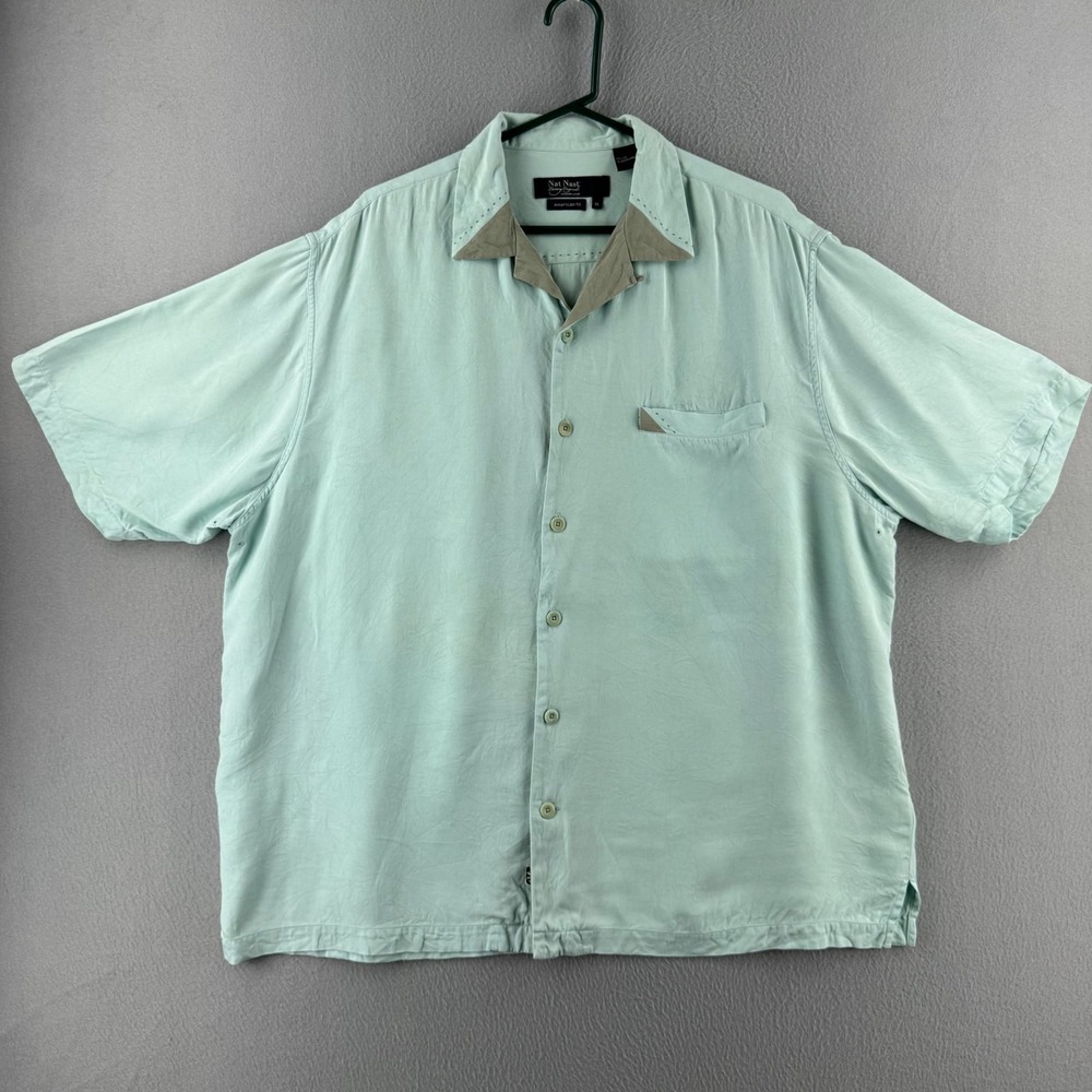 Vintage Nat Nast Shirt‎ Mens XL Blue Silk Bowling 50s Style Rockabilly Camp